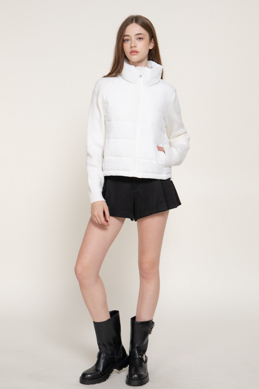 Knit Sleeve High Neck Puffer Jacket
