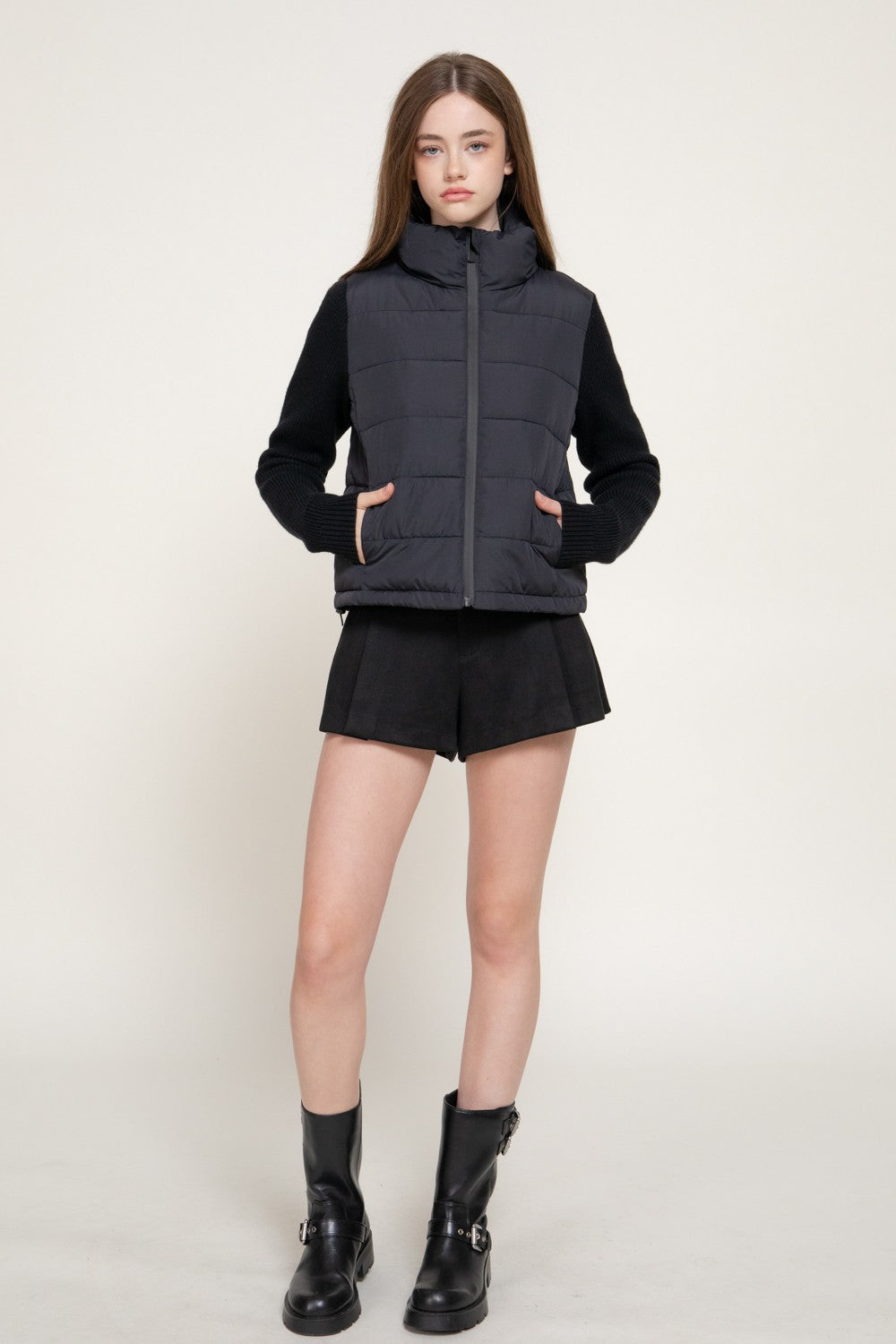 Knit Sleeve High Neck Puffer Jacket