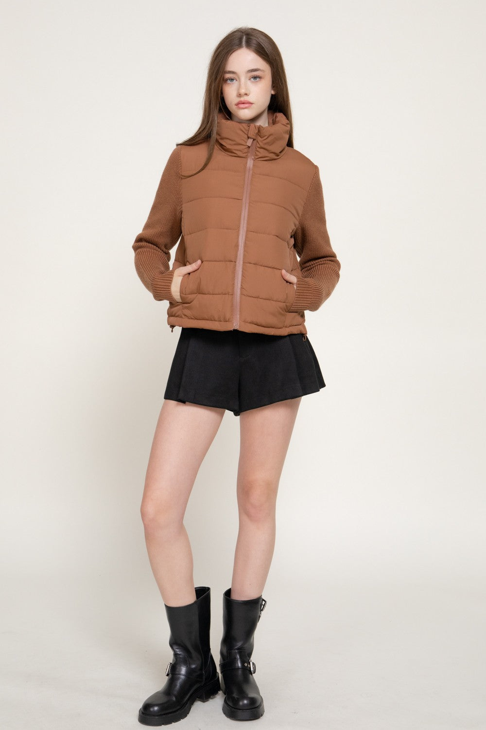 Knit Sleeve High Neck Puffer Jacket