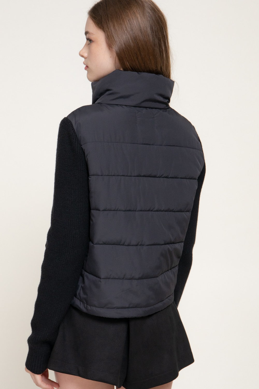 Knit Sleeve High Neck Puffer Jacket