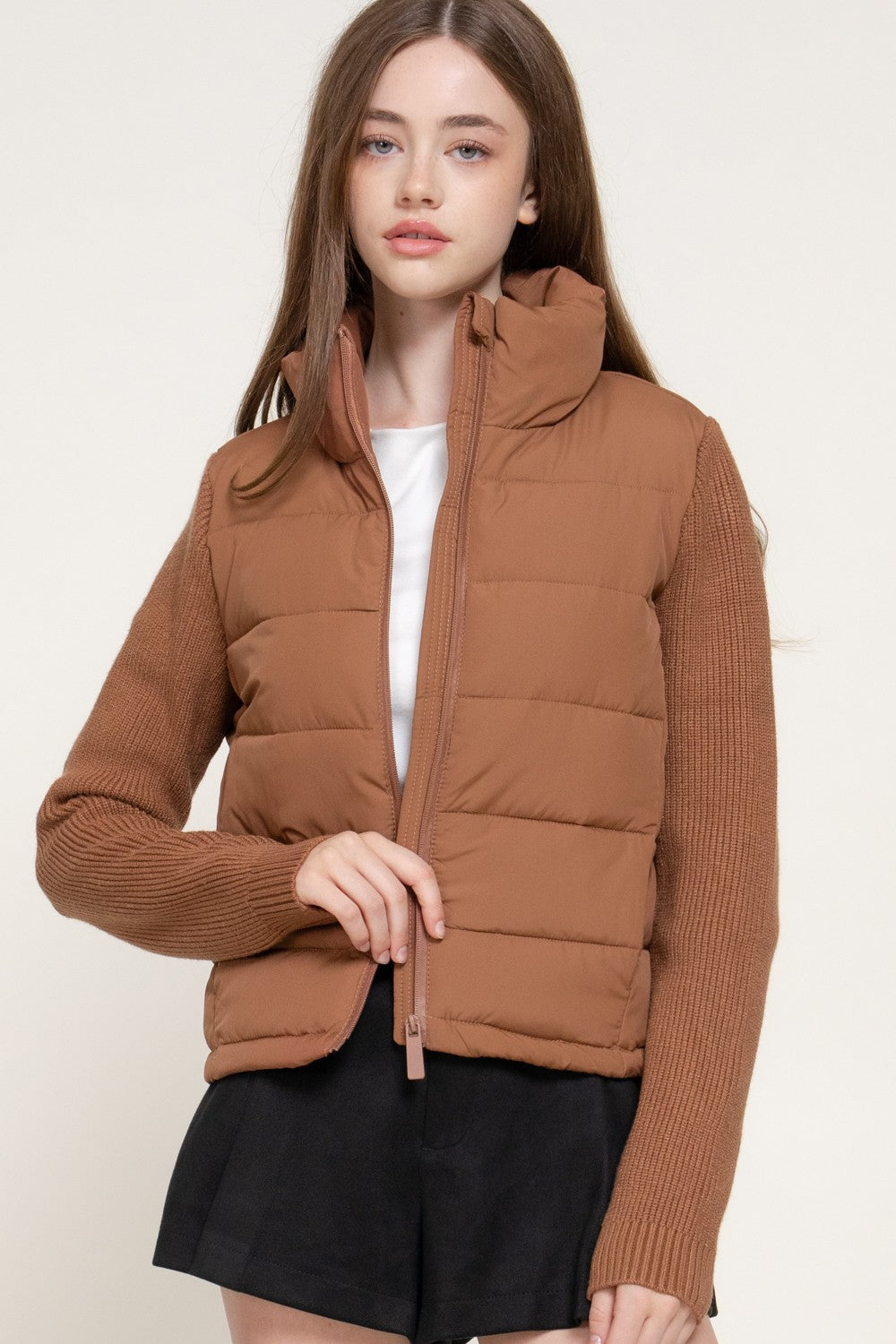 Knit Sleeve High Neck Puffer Jacket