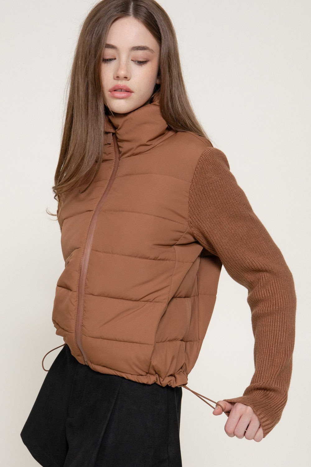 Knit Sleeve High Neck Puffer Jacket