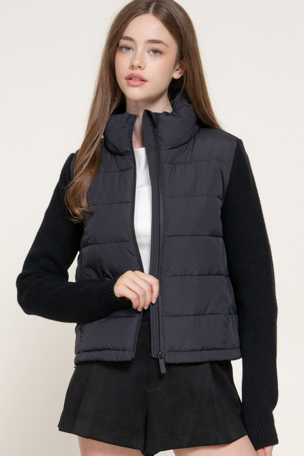 Knit Sleeve High Neck Puffer Jacket