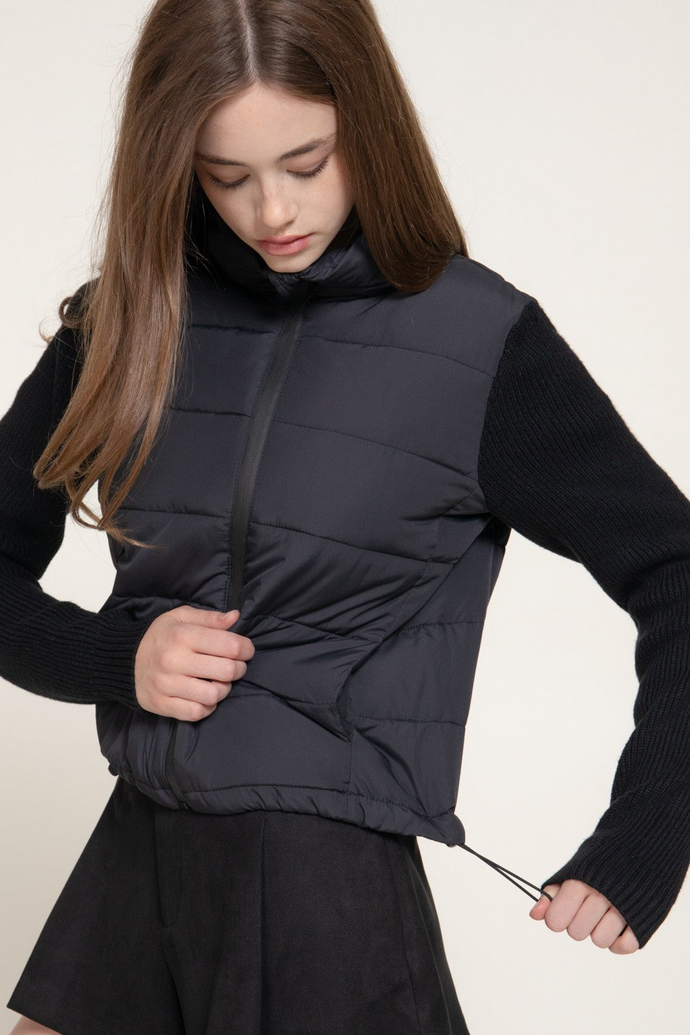 Knit Sleeve High Neck Puffer Jacket