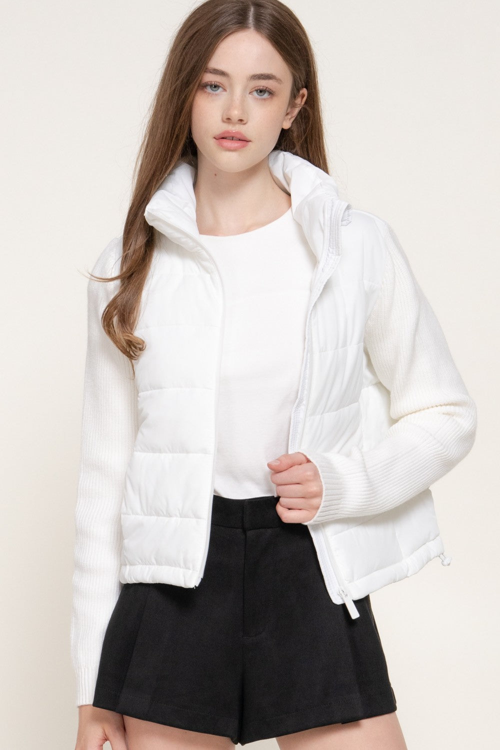 Knit Sleeve High Neck Puffer Jacket