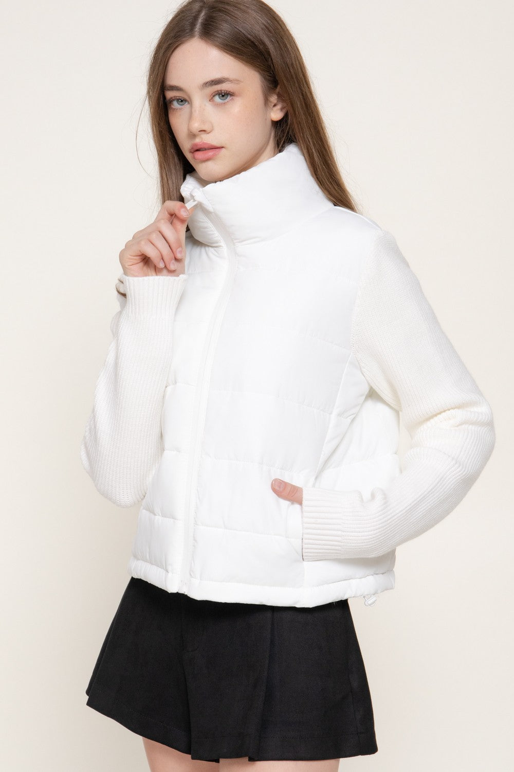Knit Sleeve High Neck Puffer Jacket