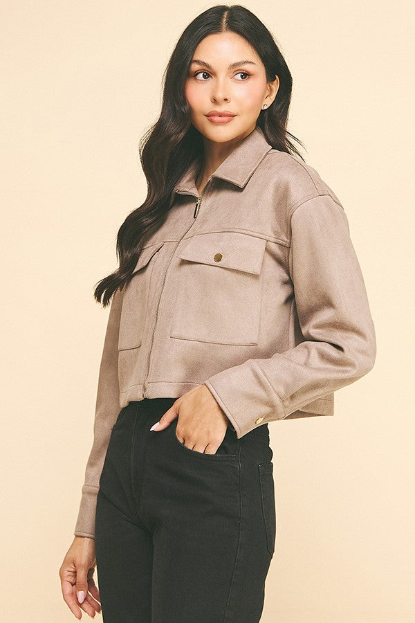Suede Flap Patch Pocket Cropped Zipper Front Shacket
