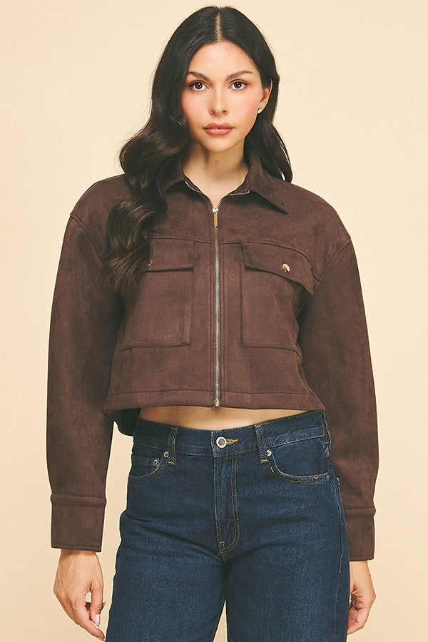 Suede Flap Patch Pocket Cropped Zipper Front Shacket