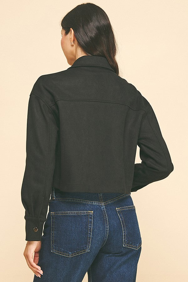 Suede Flap Patch Pocket Cropped Zipper Front Shacket