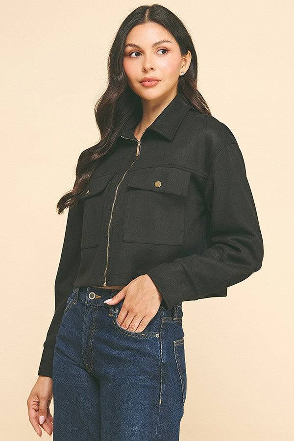 Suede Flap Patch Pocket Cropped Zipper Front Shacket