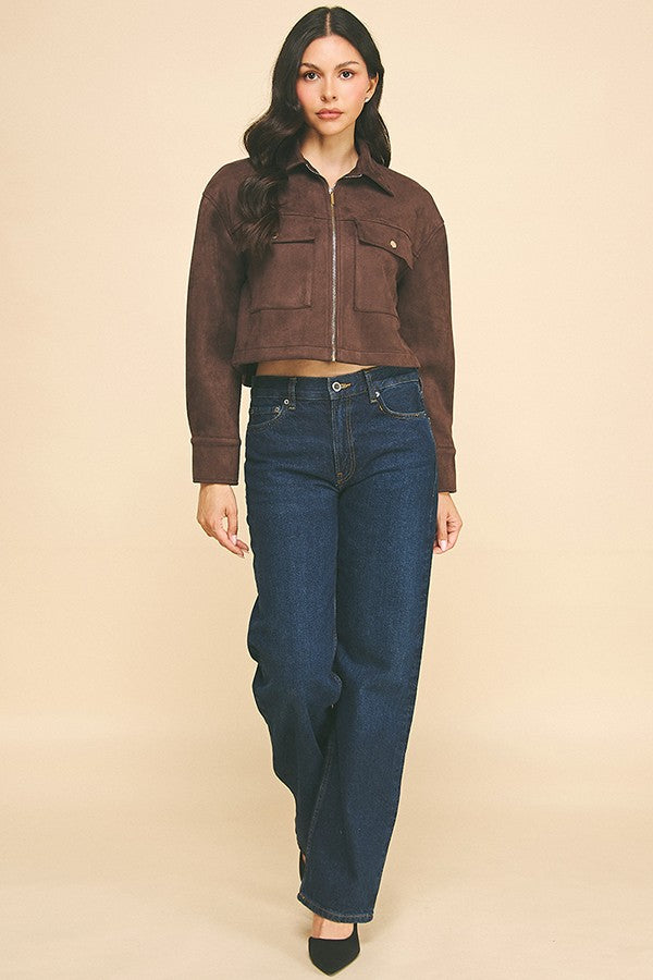 Suede Flap Patch Pocket Cropped Zipper Front Shacket