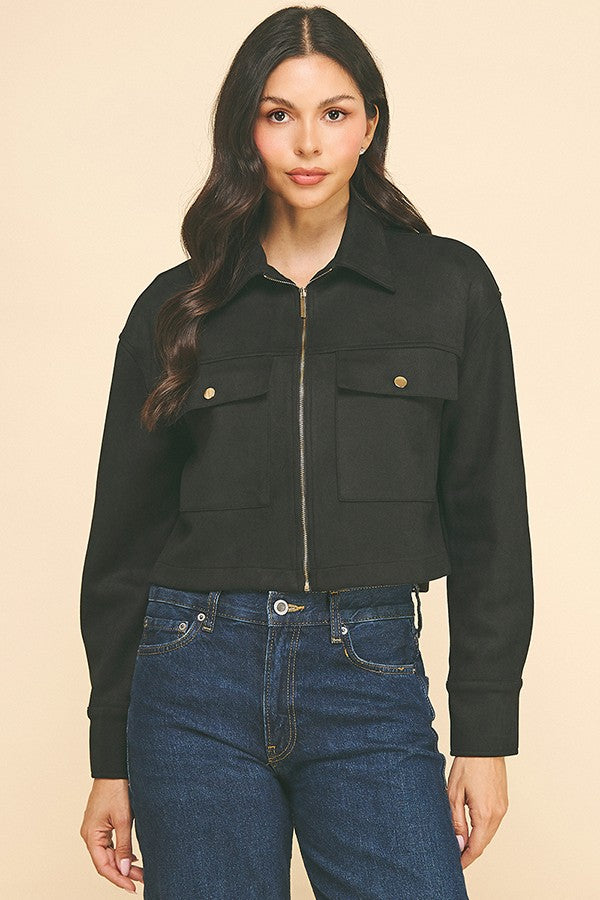 Suede Flap Patch Pocket Cropped Zipper Front Shacket