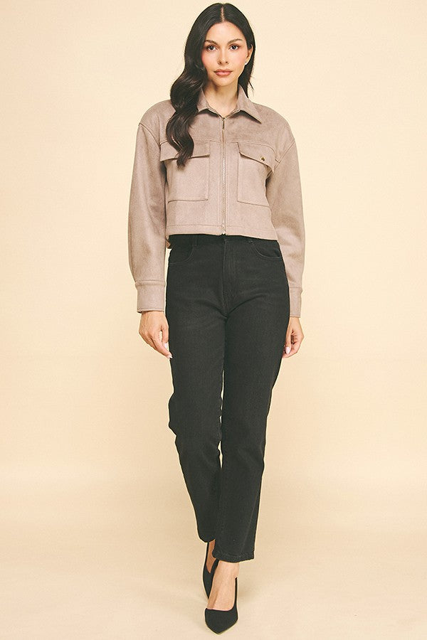 Suede Flap Patch Pocket Cropped Zipper Front Shacket