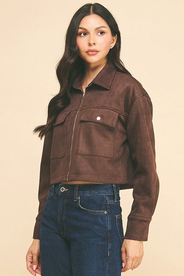Suede Flap Patch Pocket Cropped Zipper Front Shacket