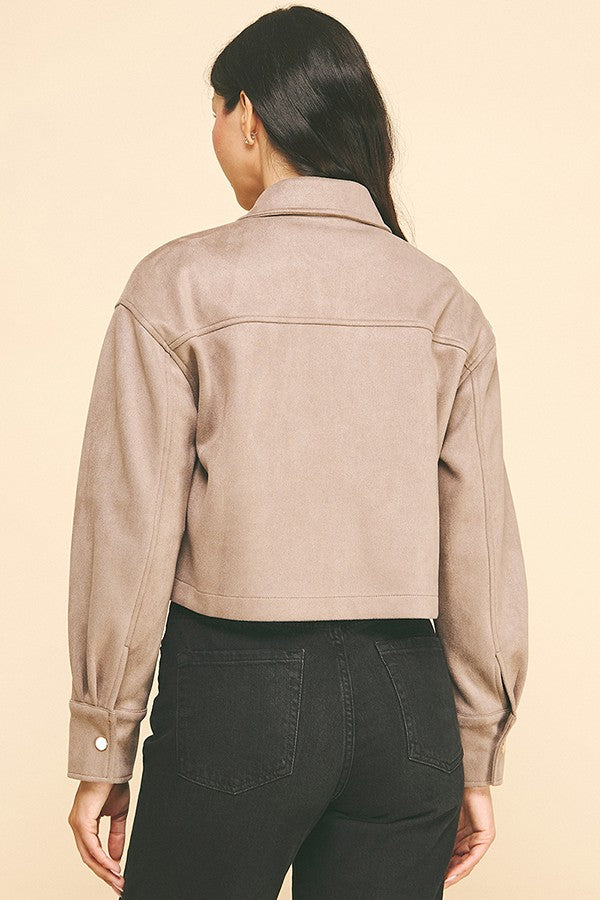 Suede Flap Patch Pocket Cropped Zipper Front Shacket