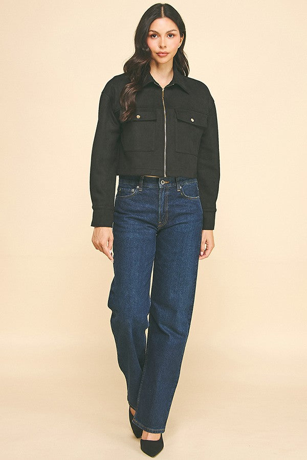 Suede Flap Patch Pocket Cropped Zipper Front Shacket