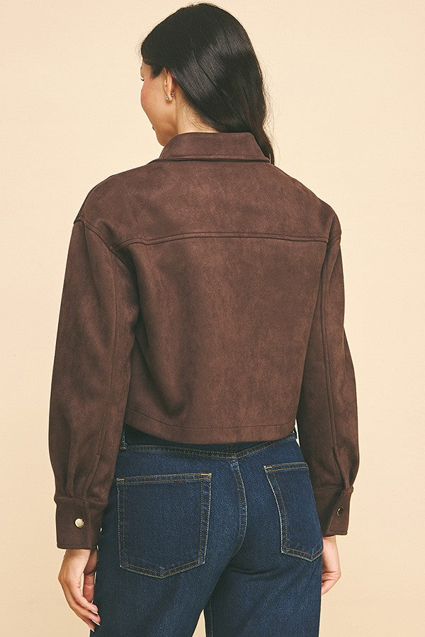 Suede Flap Patch Pocket Cropped Zipper Front Shacket