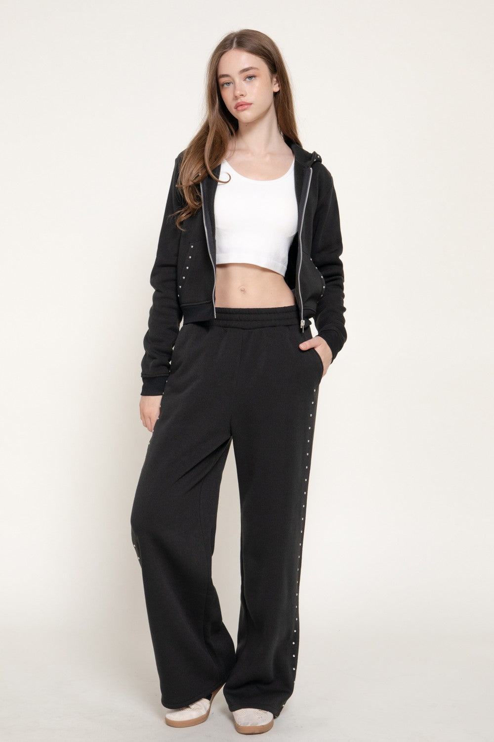 Studded Hoodie & Pants Inner Fleece Terry Set