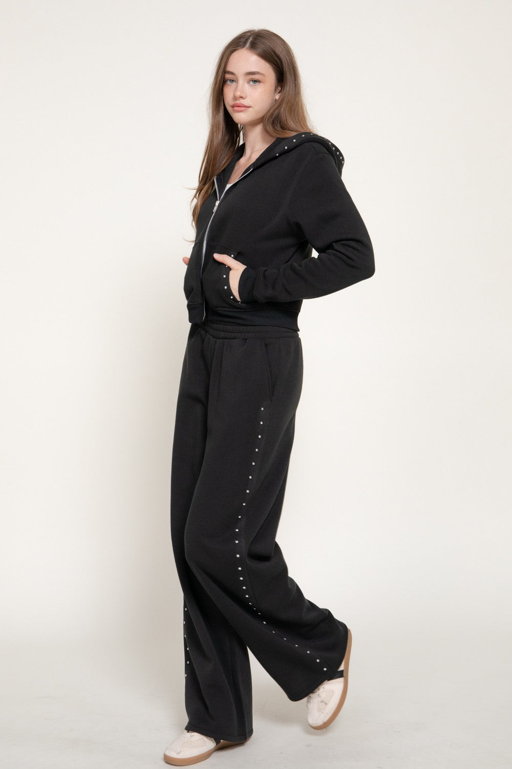 Studded Hoodie & Pants Inner Fleece Terry Set