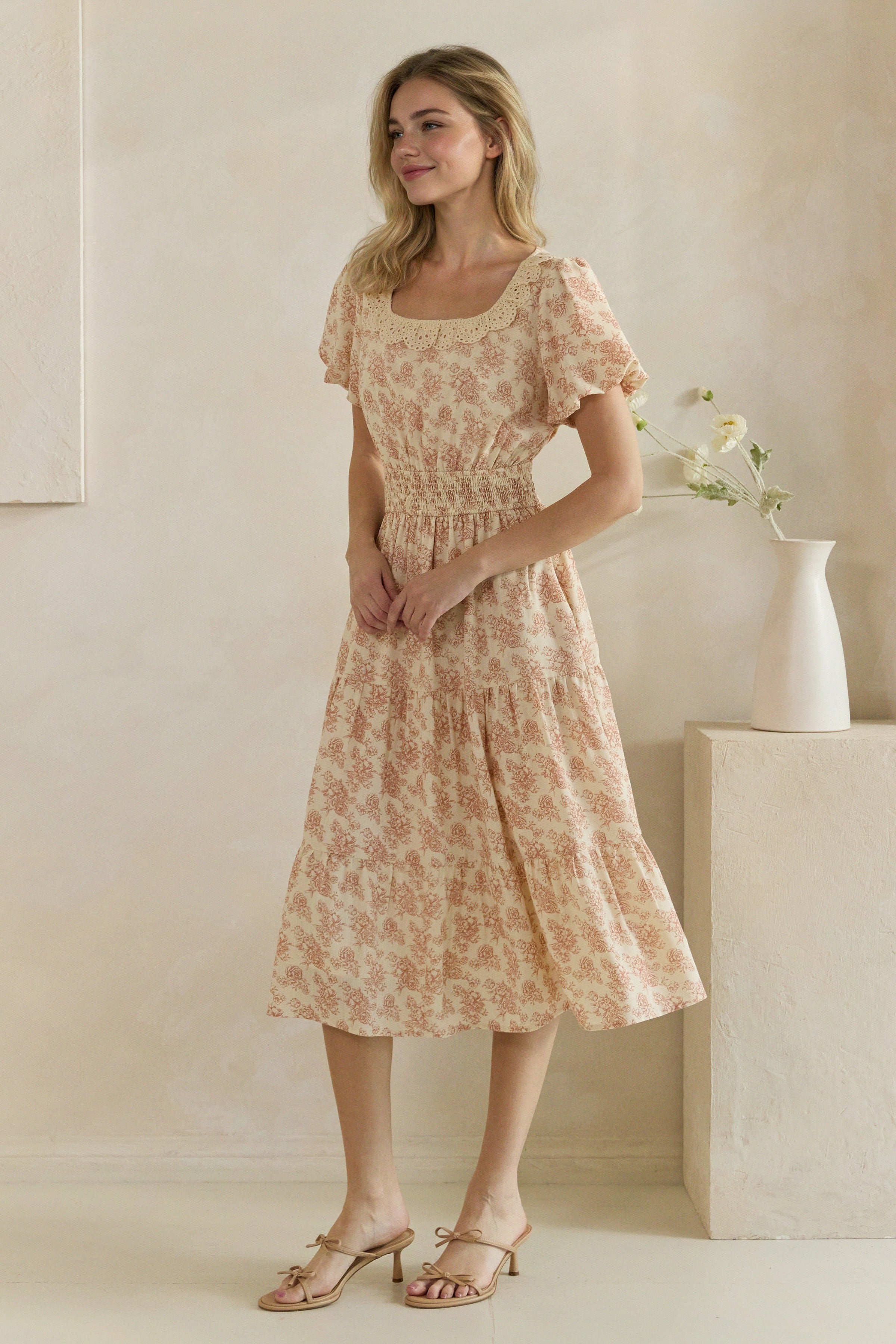 Floral Crochet Trim Smocked Midi Dress