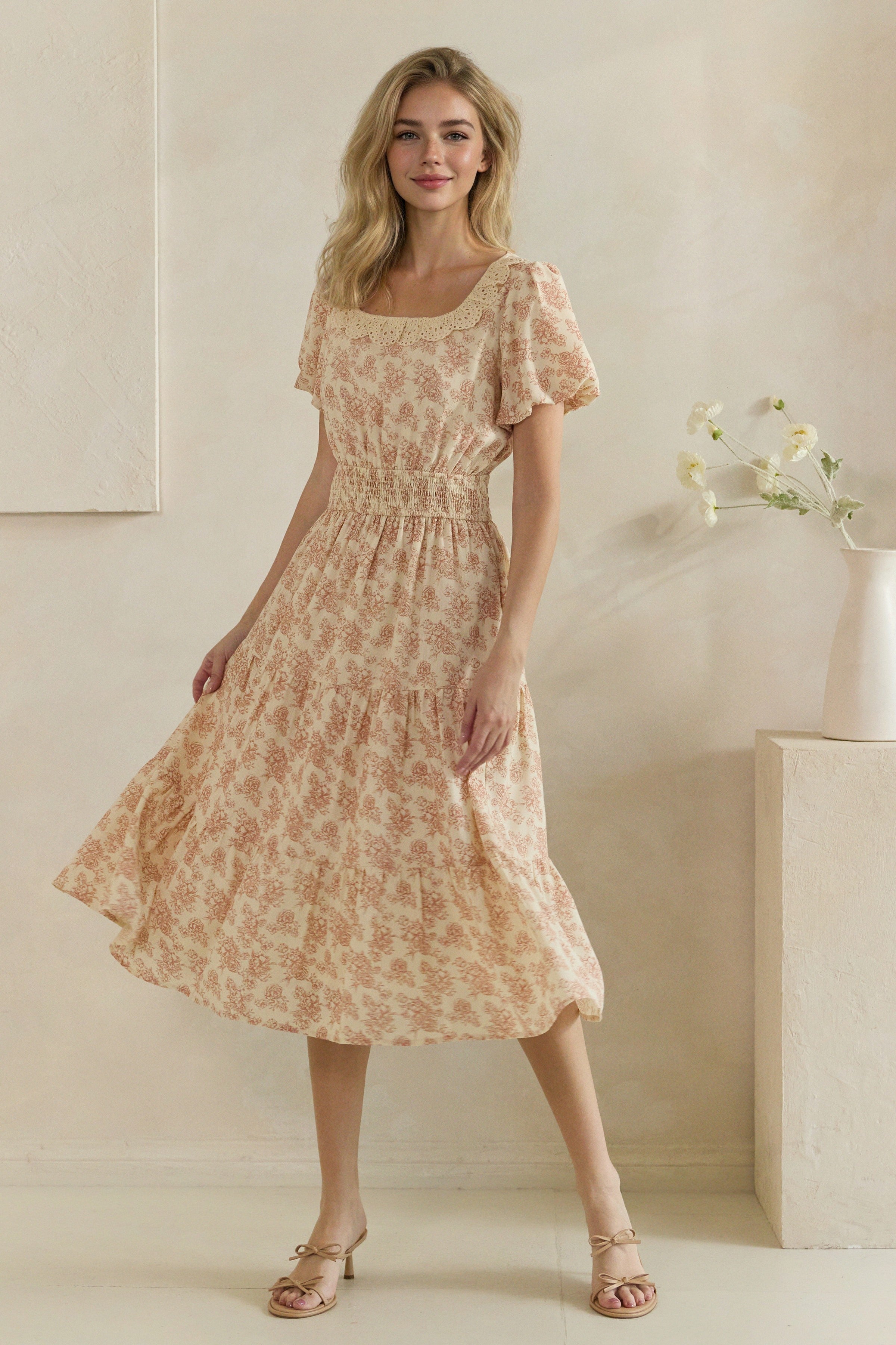 Floral Crochet Trim Smocked Midi Dress