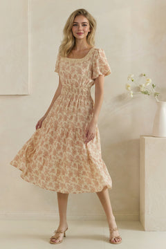 Floral Crochet Trim Smocked Midi Dress