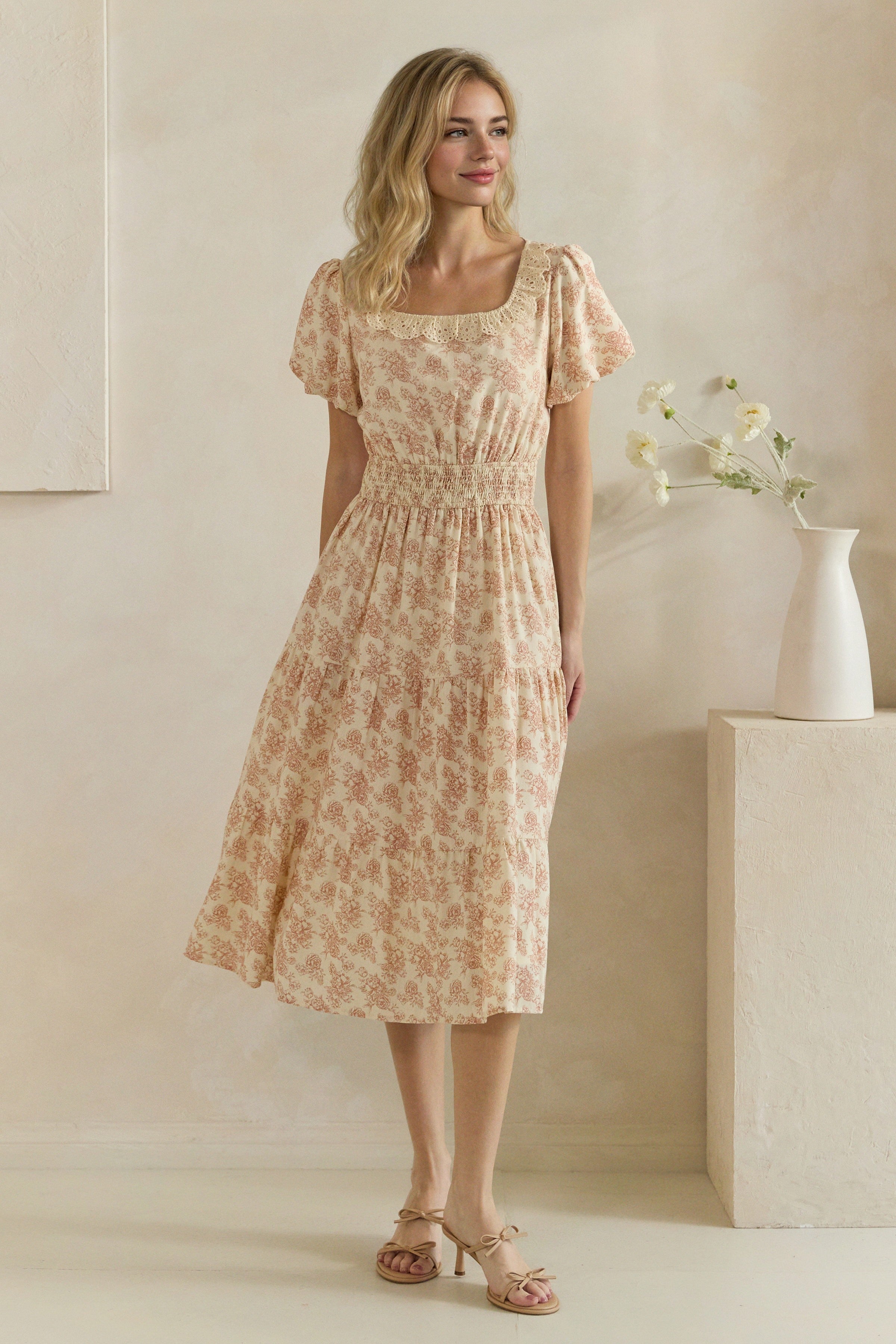 Floral Crochet Trim Smocked Midi Dress