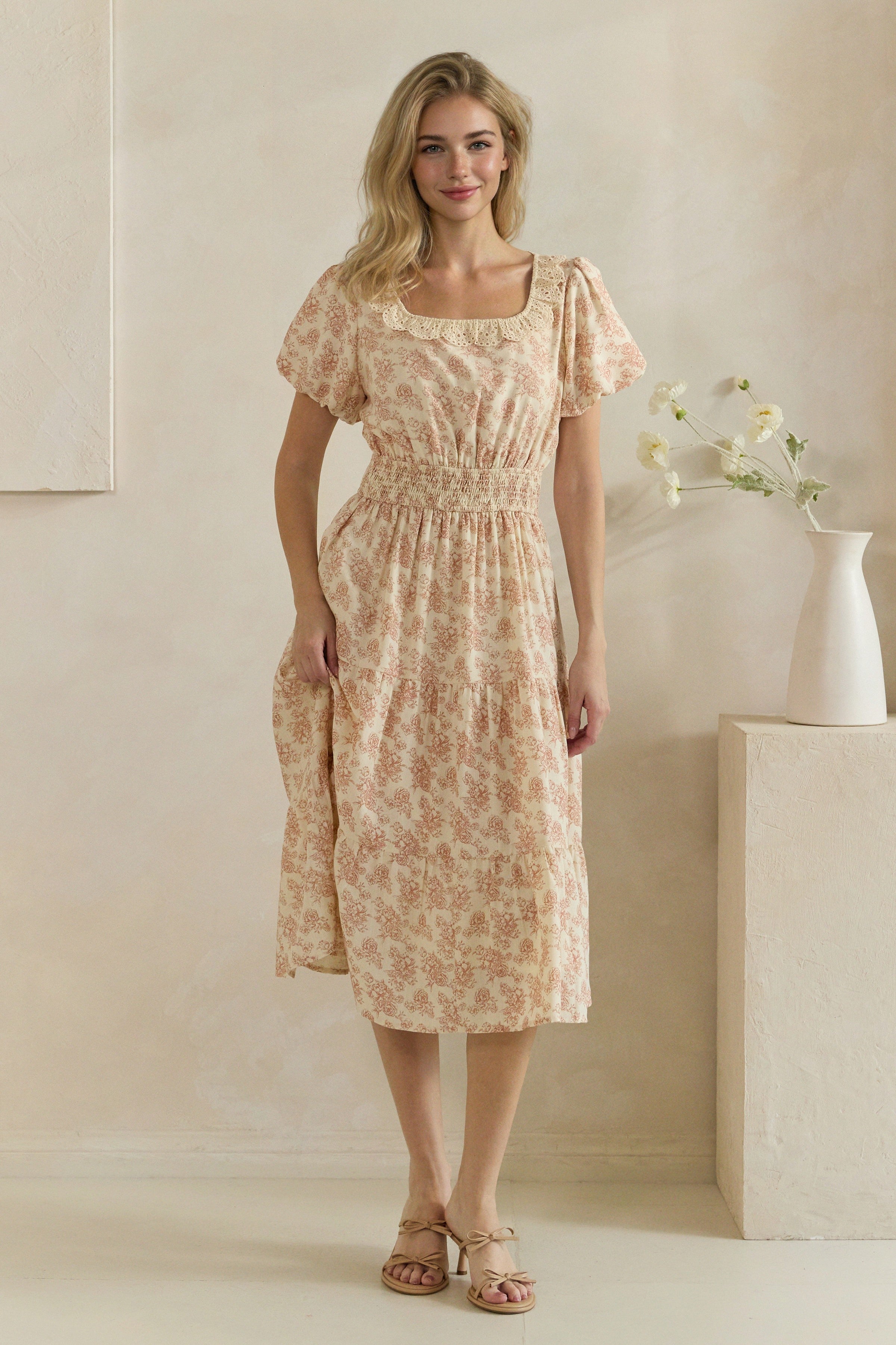 Floral Crochet Trim Smocked Midi Dress