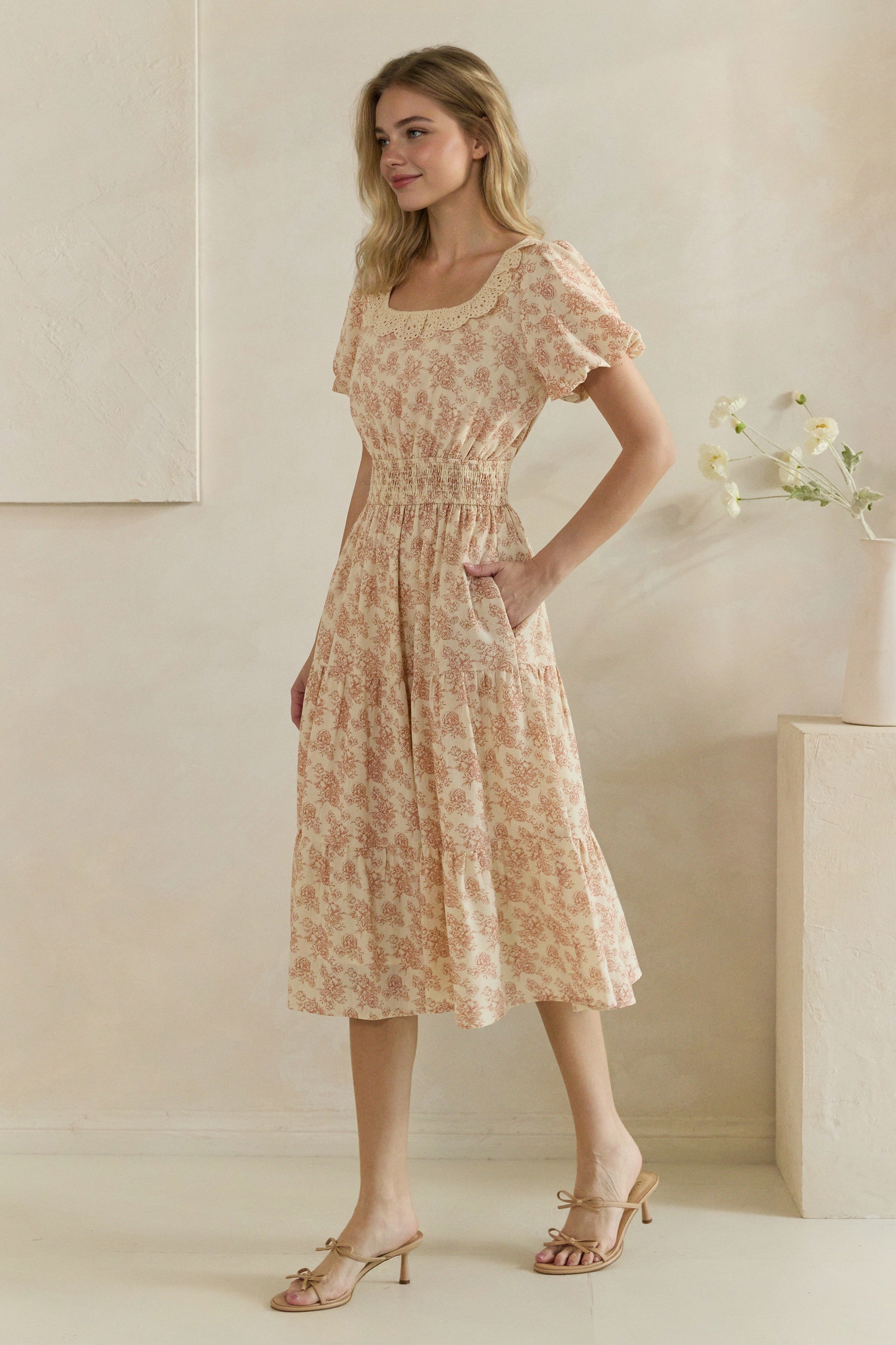 Floral Crochet Trim Smocked Midi Dress