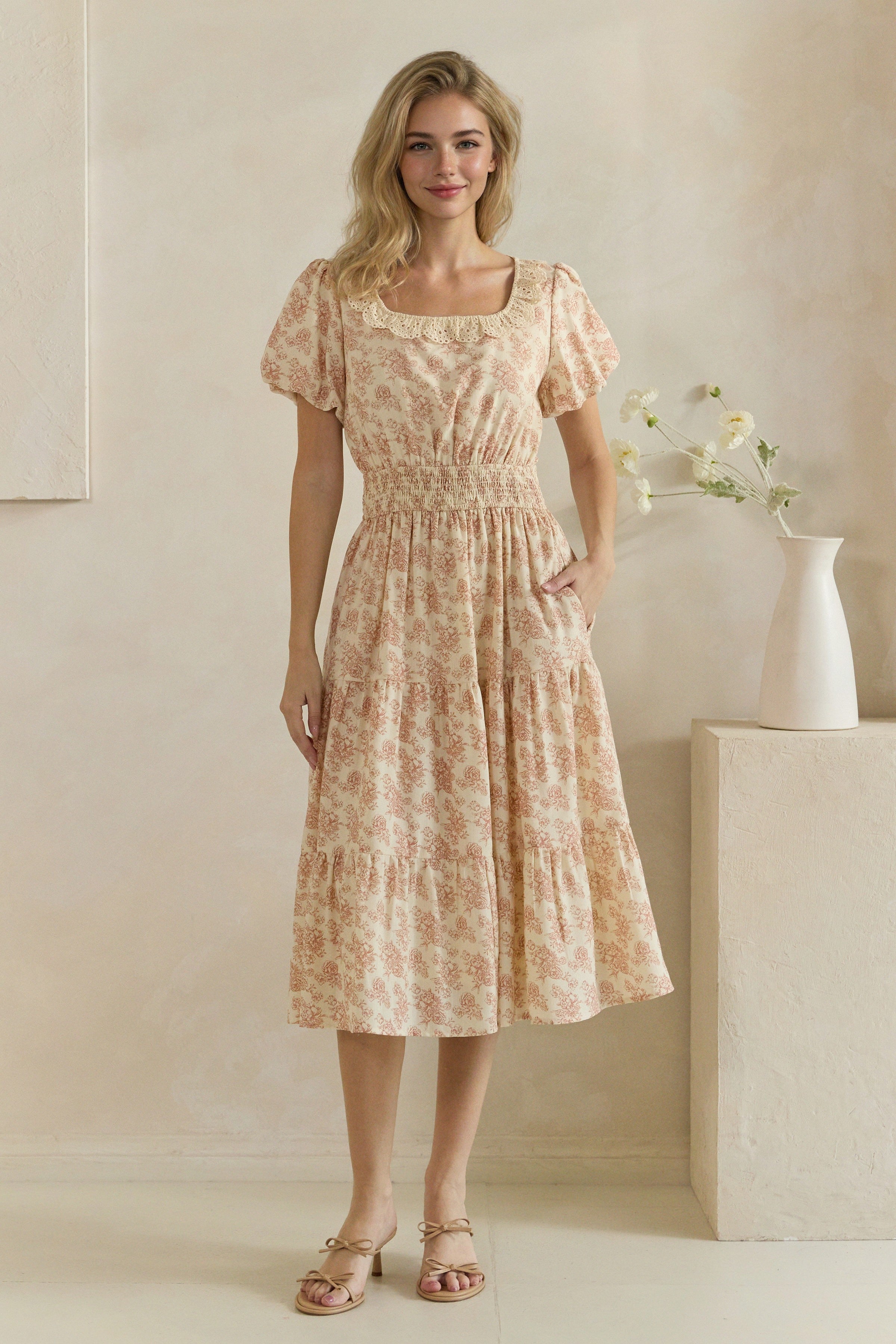 Floral Crochet Trim Smocked Midi Dress