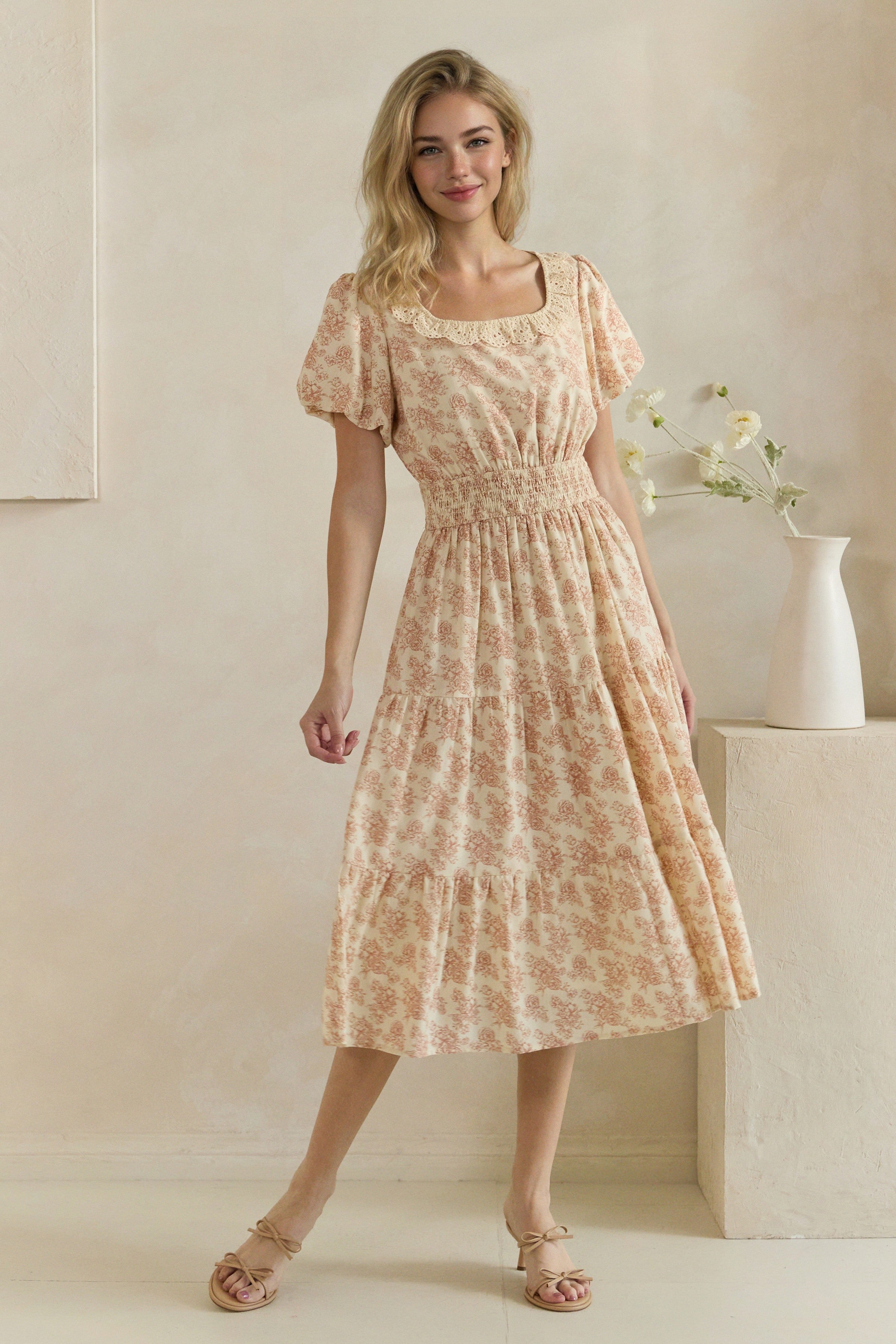 Floral Crochet Trim Smocked Midi Dress