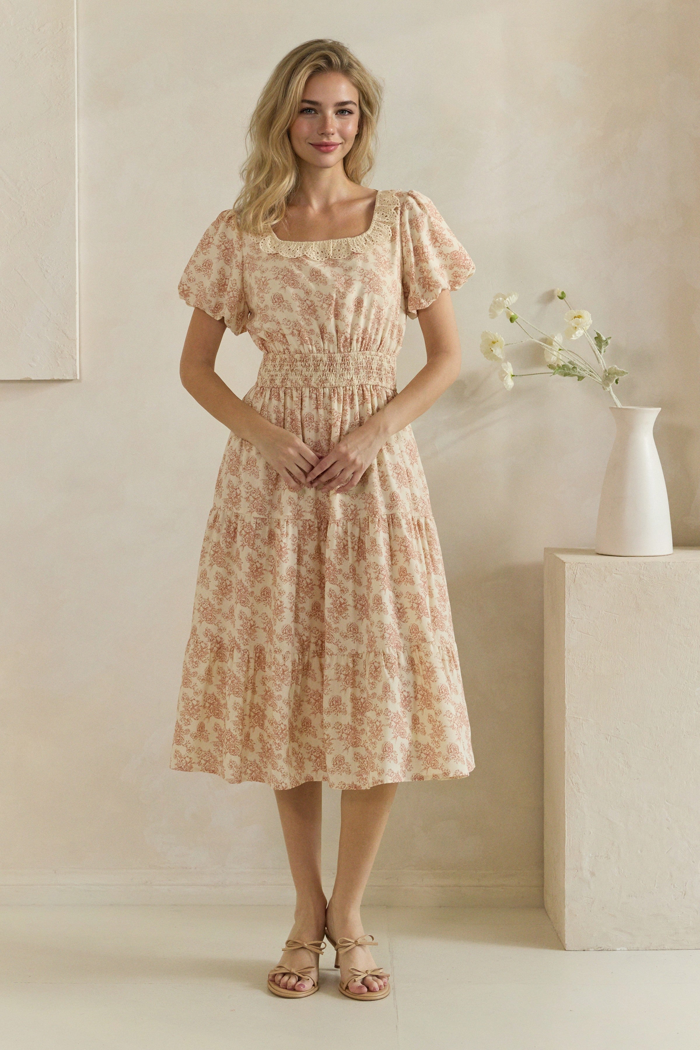 Floral Crochet Trim Smocked Midi Dress