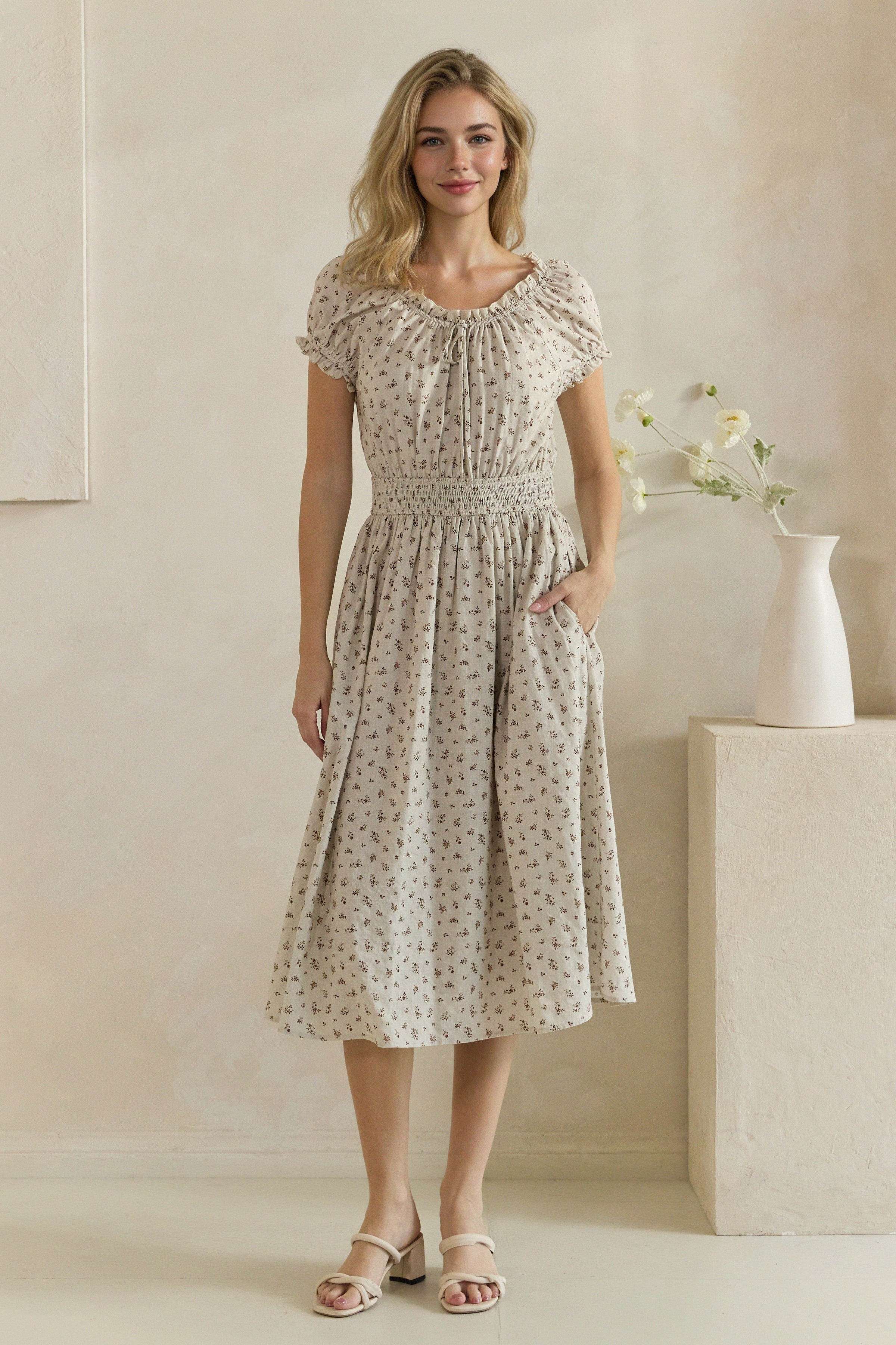 Ditsy Floral Smocked Midi Dress