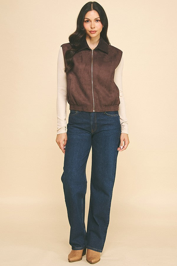 Corduroy Collar Contrast Zip-up Bomber Short Vest