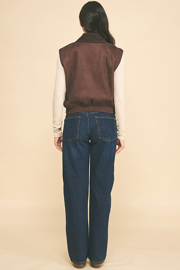 Corduroy Collar Contrast Zip-up Bomber Short Vest