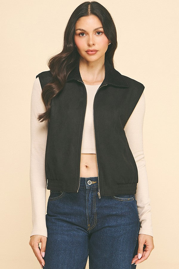 Corduroy Collar Contrast Zip-up Bomber Short Vest
