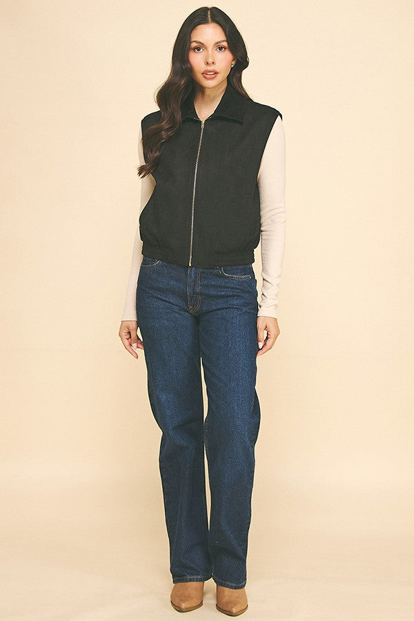 Corduroy Collar Contrast Zip-up Bomber Short Vest
