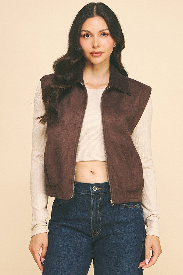 Corduroy Collar Contrast Zip-up Bomber Short Vest