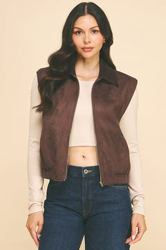 Corduroy Collar Contrast Zip-up Bomber Short Vest