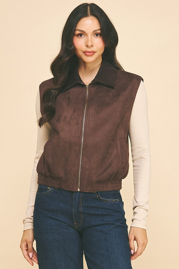 Corduroy Collar Contrast Zip-up Bomber Short Vest