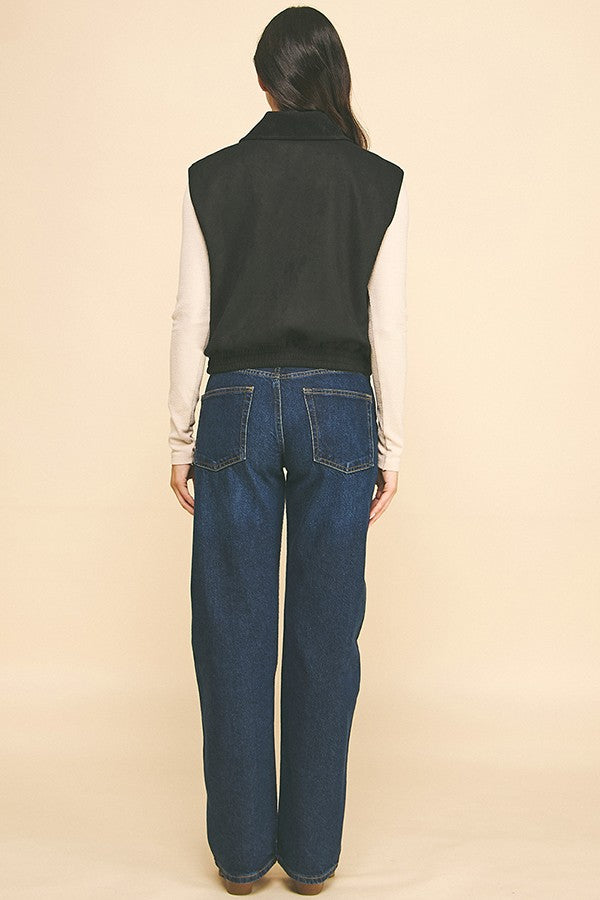 Corduroy Collar Contrast Zip-up Bomber Short Vest