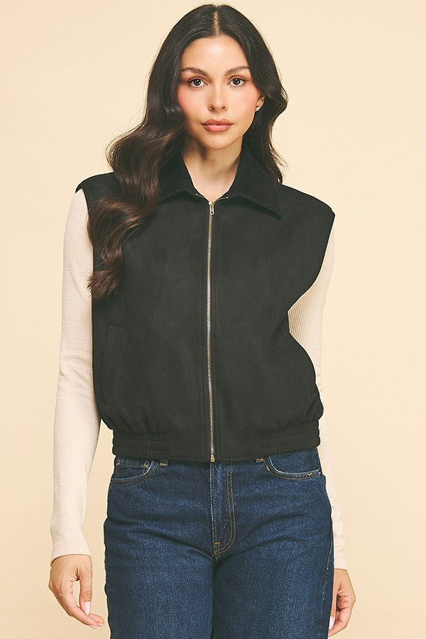 Corduroy Collar Contrast Zip-up Bomber Short Vest