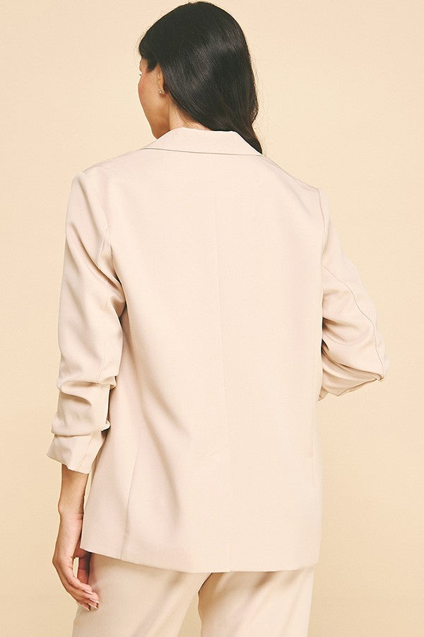 Twill Tailored Ruched Sleeve Buttonless Open Blazer