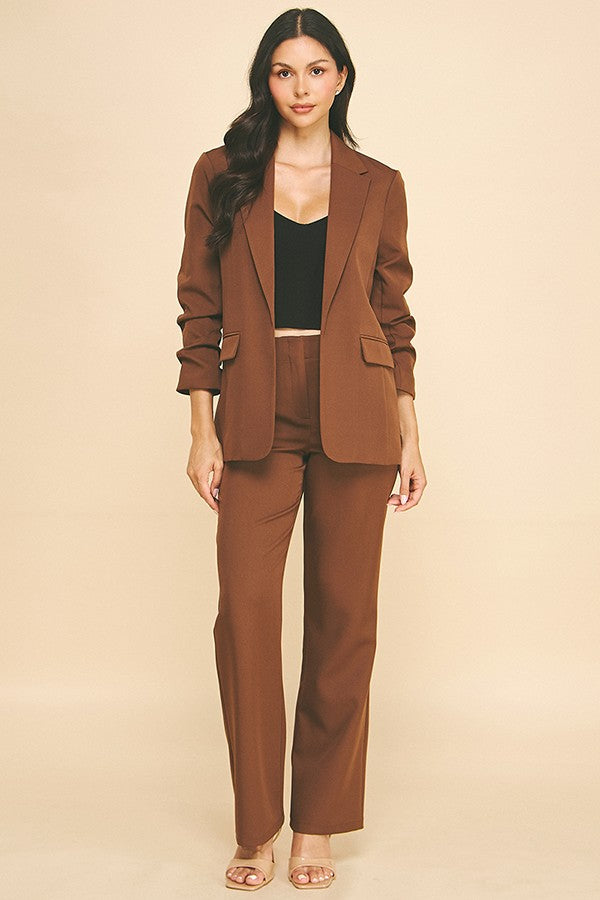 Twill Tailored Ruched Sleeve Buttonless Open Blazer