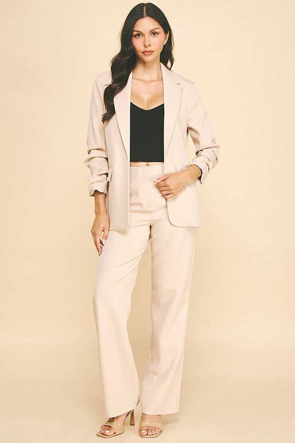 Twill Tailored Ruched Sleeve Buttonless Open Blazer