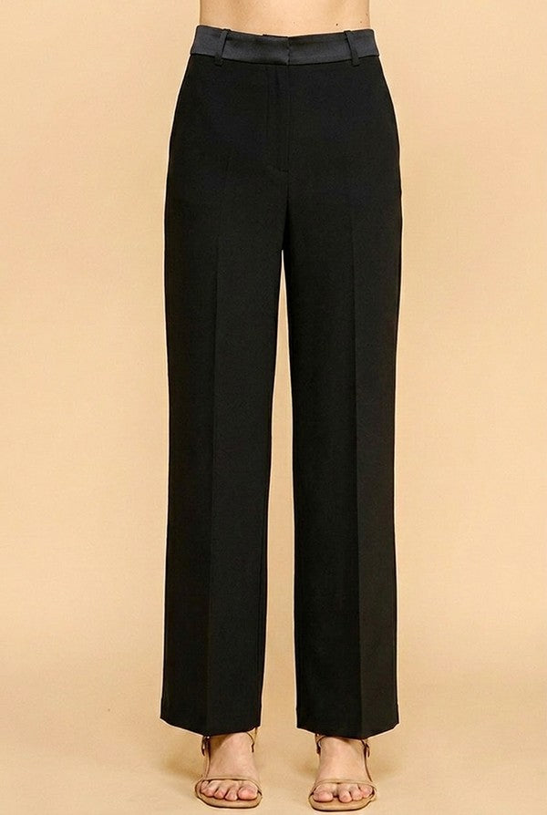 Twill Satin Waisted Wide Leg Trousers