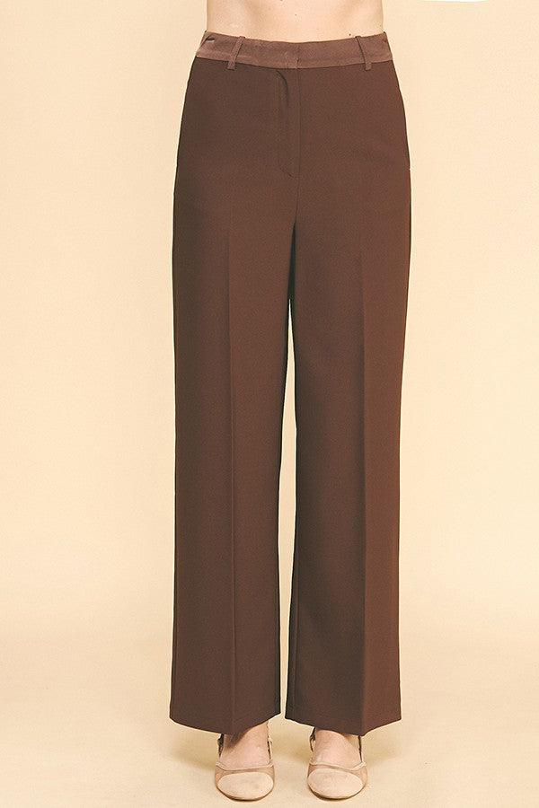Twill Satin Waisted Wide Leg Trousers