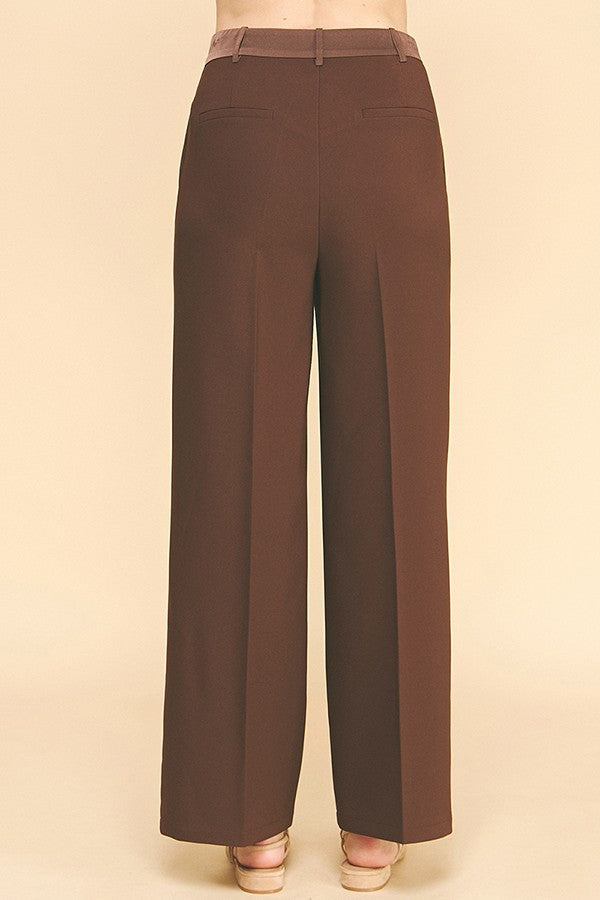 Twill Satin Waisted Wide Leg Trousers
