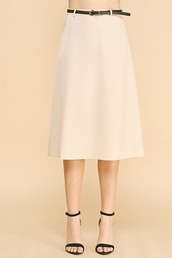 Satin Leather Buckle Belted Midi Skirt