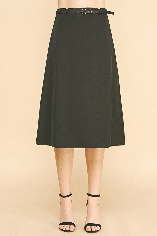 Satin Leather Buckle Belted Midi Skirt